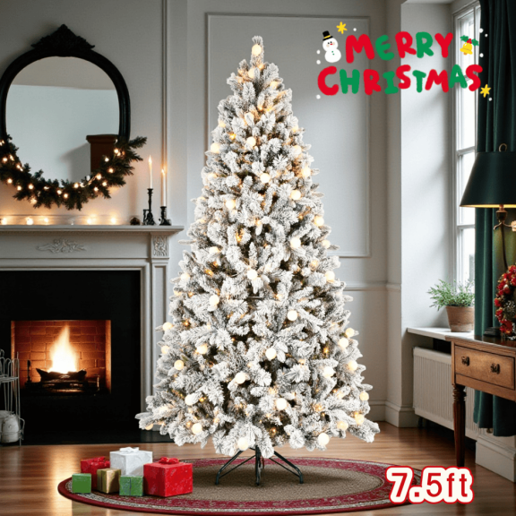 Tcbosik 7.5ft Pre-Lit Flocked Christmas Tree with 400L Colorful LED Lights, G45 Ball & 10 Modes, Artificial Xmas Tree with 1523 Tips, Foot Switch & Metal Stand for Holiday Decoration, White