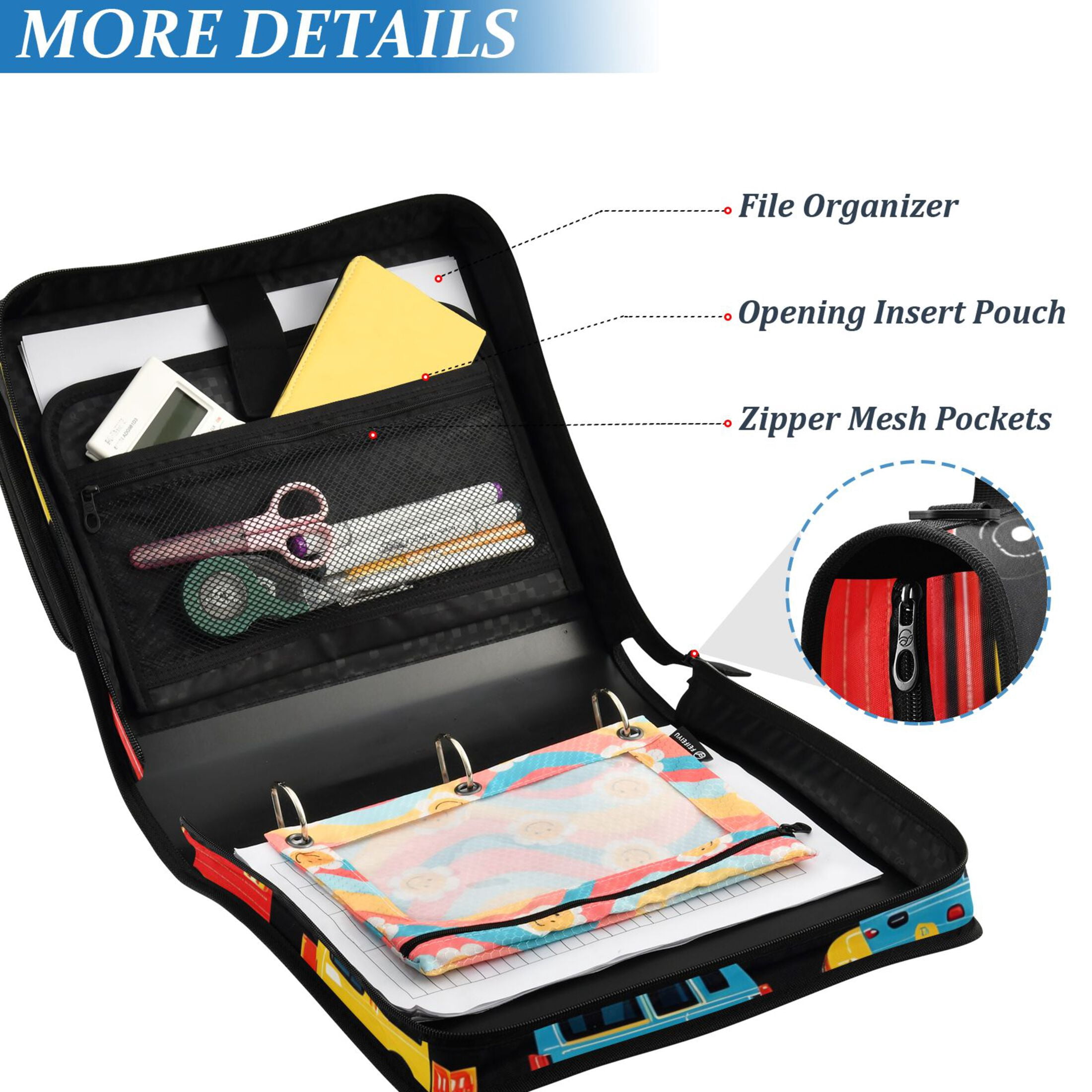 3 Ring Zipper Binder with Shoulder Strap Waterproof Trapper Keeper 2 Inch D-Ring 500 Sheets Capacity Fire Trucks