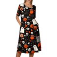 thumbnail image 5 of Women's Halloween Print Round Neck Casual Dress with Pockets Short Sleeve Loose Midi Dress Plus Size for Autumn Daily Wear Black L, 5 of 6
