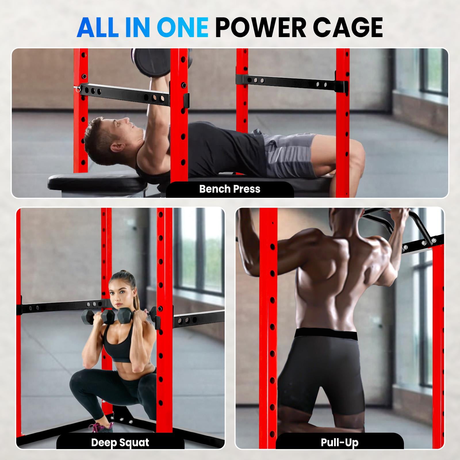 Multi-Functional Power Rack with J-Hooks, All-in-One Squat Rack, Anti-slip Base, High-quality J-Hook, Fitness Power Cage, for Deep Squat, Home, Gym