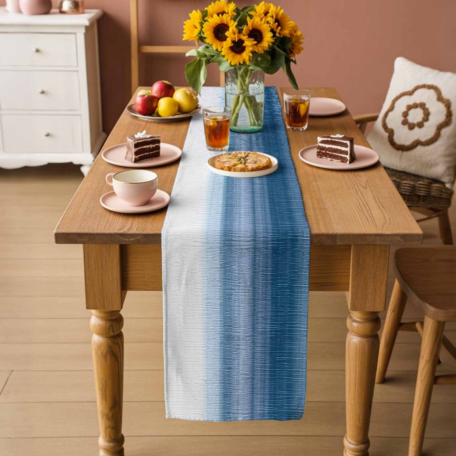 Haze Blue White Ombre Table Runner, Vintage Gradient Striped Aesthetics Washable Cotton Linen Table Runners 60 Inches Long, Dresser Scarf Runner for Coffee/TV Stands/Kitchen/Cabinets 13''x60''