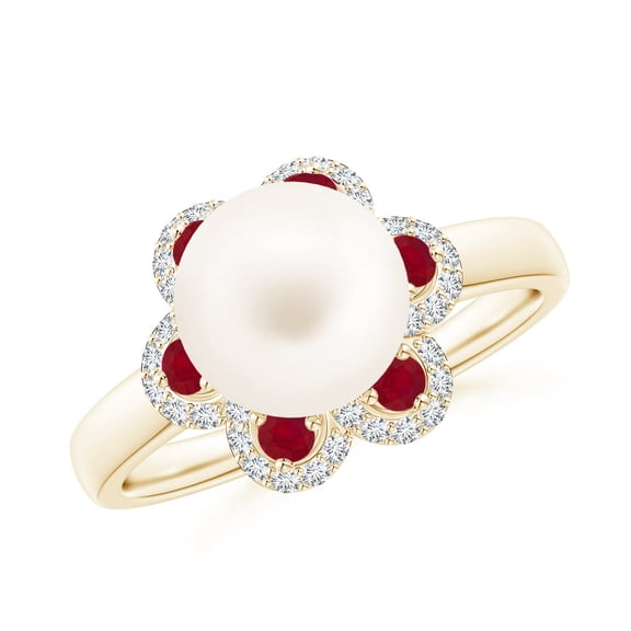 ANGARA Freshwater Cultured Pearl Floral Ring with Rubies in 14K Yellow Gold for Women | June Birthstone, Birthday, Anniversary, Jewelry Gift for Women | Pearl Ring