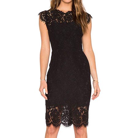 Knee Deep Black Lace - Women's Sleeveless Lace Floral Elegant Cocktail Dress Crew Neck Knee Length for Party