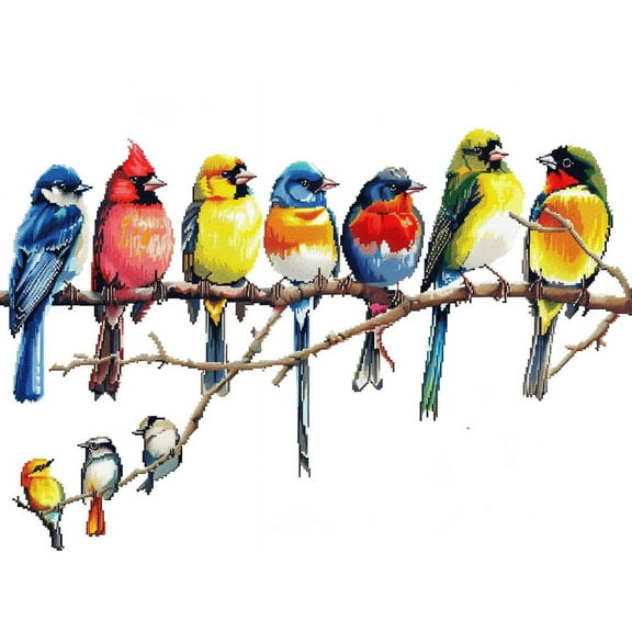 A Row of Colorful Birds Perched on Branches DIY 11CT Stamped Cross Stitch Kits for Beginners Easy Needlepoint Embroidery Counted Cross Stitch Art Craft for Wall Decoration 12x16inch(2)