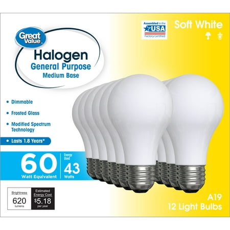 Great Value Halogen Light Bulbs  60 Watt  Soft White  A19 General Purpose  12pk
