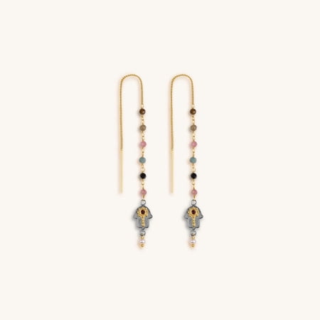 Karma and Luck Tourmaline Hamsa Earrings for Women – 12mm Hamsa Charm, 18K Gold & Gunmetal Plated Brass with 925 Sterling Silver Hook – Spiritual Protection & Love Earrings, Size: 2.5"