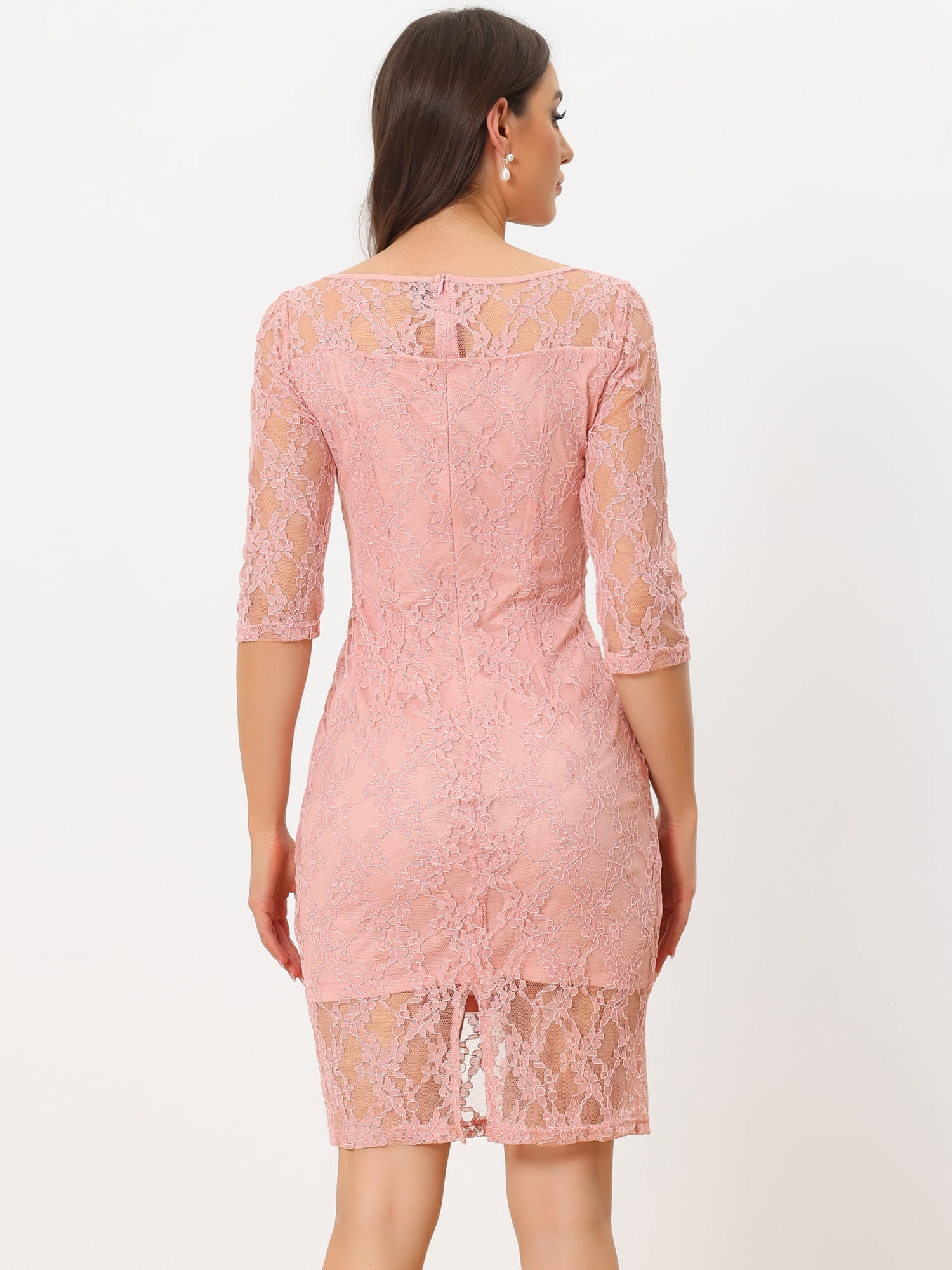DARING DIVA Lace 3/4 Sleeve Dress Square Neck Midi Straight Tired S Pink