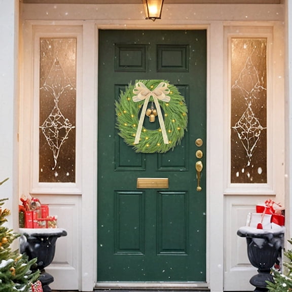 Pine Wreath, Real Touch Christmas Wreaths for Front Door with Cow Bell and Bow, Christmas Door Wreath for Home Door Window Wall Indoor Outdoor Christmas Decoration,B#23.62in