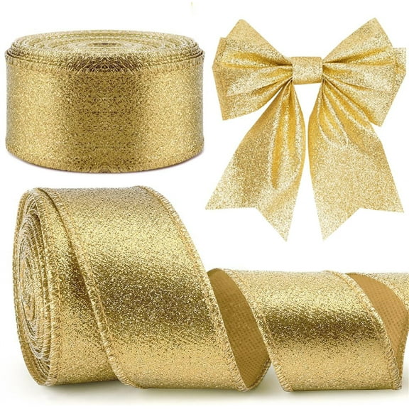 2 Rolls Gold Metallic Wired Edge Ribbon,Bexikou Glitter Wired Ribbon with Metallic Edge,Christmas Decor for Wreath, Tree, Craft Bows,Gift Wrapping & Home,2.5" x 20 Yards