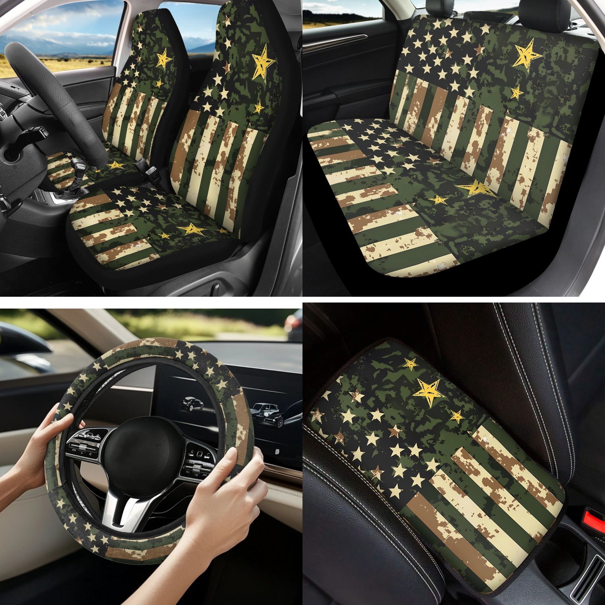 Jeiento 13 PCS Car Seat Covers Set with American Military Flag Steering Wheel Cover Seat Belt Pads Armrest Cover Coasters Keychain for SUV Van Truck Auto Interior Accessories