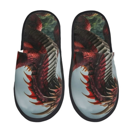 Balery Majestic Red Dragon Slient Indoor Furry Fleece Comfort House Shoes Soft Non-Slip Home Shoes Cotton slippers House Slippers-- Large