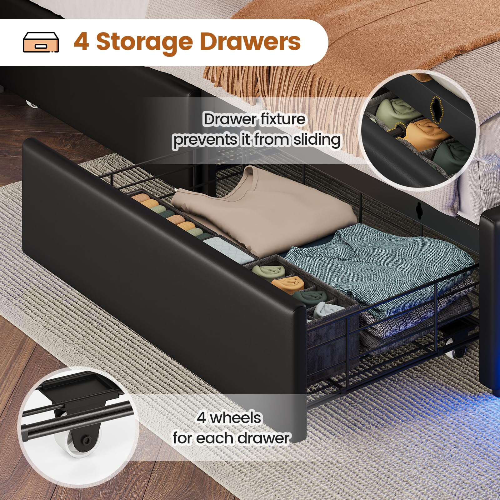 Afuhokles Twin Bed Frame with 4 Drawers and Storage Headboard, Upholstered Bed with Charging Station, Black PU