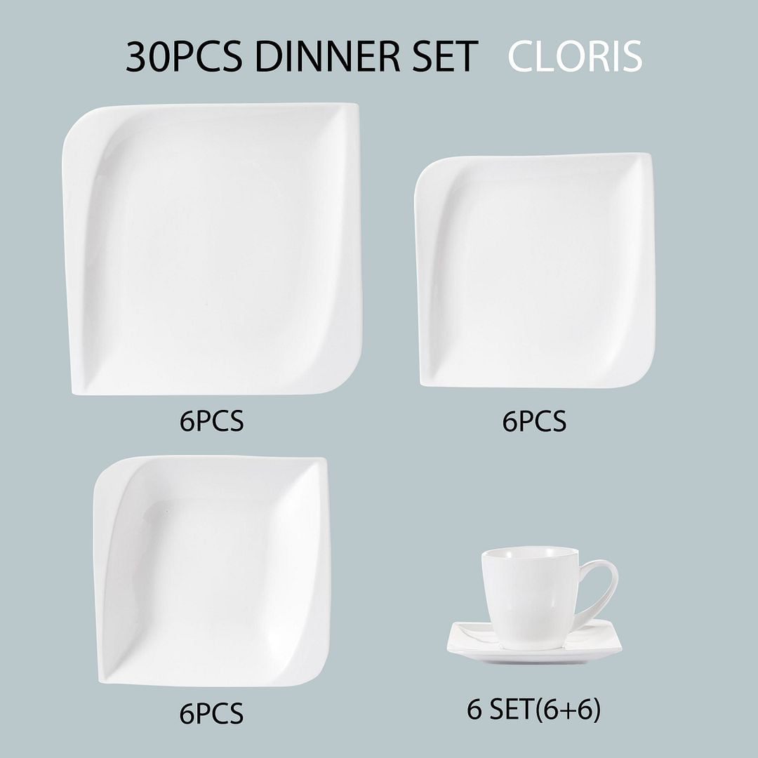vancasso YOLANDA 30 Pieces Dinner Set Cream White Porcelain Tableware Set of 6 x Dinner Plates/Dessert Plates/Soup Plates/Cups/Saucers Dining Service Combi Set for 6 Person 