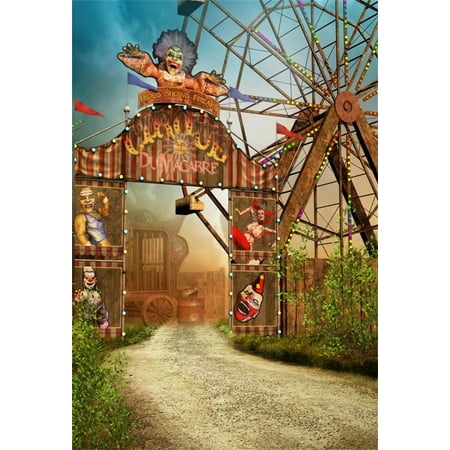 Image of MOHome 5x7ft Macabre Amusement Park Clown Backdrops Ferris Wheel Photography Background Boy Kid Child Girl Artistic Portrait Retro Photo Shoot Studio Props Video Drop