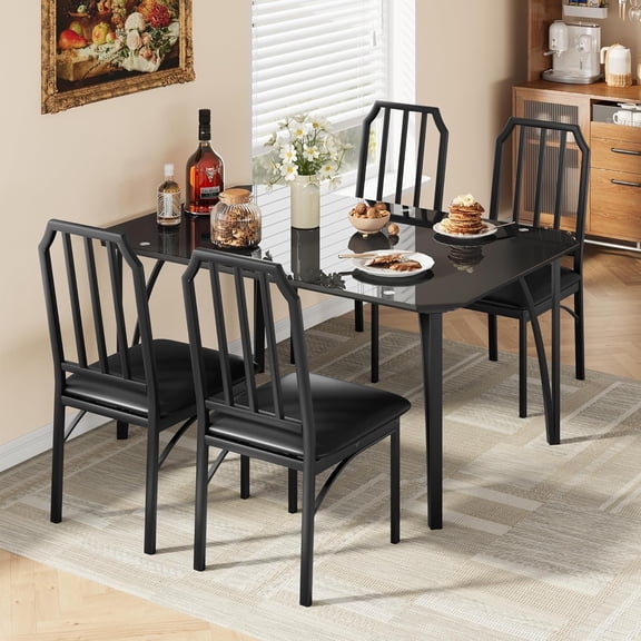 5 Piece Dining Table Set for 4, Modern Rectangular Kitchen Table with 4 Upholstered Chairs, Tempered Glass Top, Space Saving Dining Set