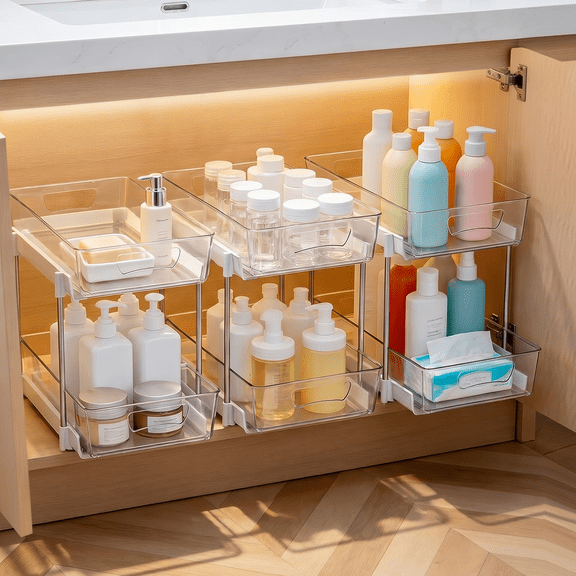 3 Pack Bathroom Organizer, 2 Tier Under Sink Organizers Vanity Countertop Storage Container, Kitchen Cabinet Drawers Bins, Pull-Out Organization for Pantry, Spice, White & Clear