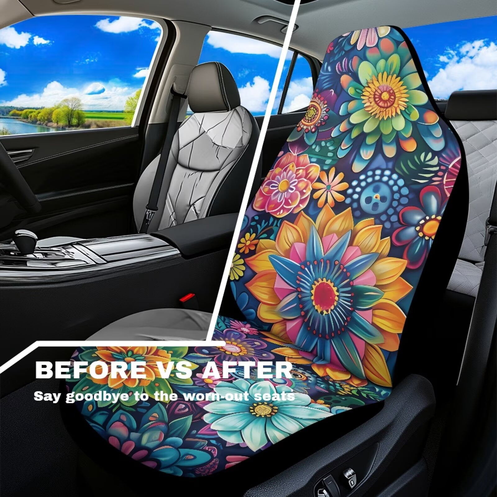 Uorisanigo Boho Floral Car Seat Covers for Women Waterproof Front Seat Covers Auto Interior Accessories 2 Pcs Set Easy to Install Universal Fit Most Cars,SUV, Trucks