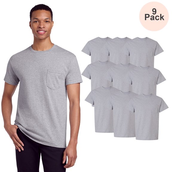 Gildan Ultra Cotton Pocket T-Shirt for Men, Short Sleeve Crew Neck Casual Sport Grey Tee, S, 9 Pack