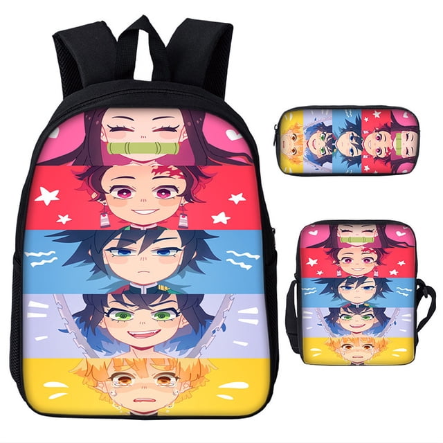 Mochila Dem@@2on Slayer, juego de 3 piezas: mochila para portátil con estuche para lápices y bolsa para el almuerzo.