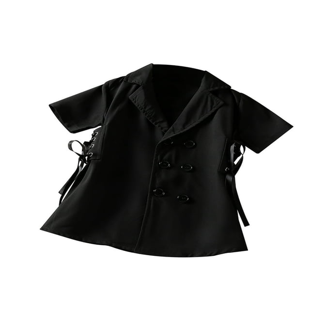 PENGXIANG Mode Bambin Filles Été Robe Veste Outwears Bandage Tour vers le Bas Col une Ligne Robe Noire 2-3 Ans
