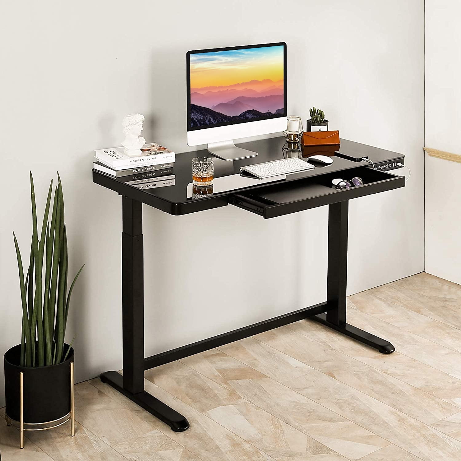 Rise Up Glass Electric Standing Desk | 45" Black Glass Top Adjustable Height Sit Stand Desk with USB-C Charging & Memory Controls