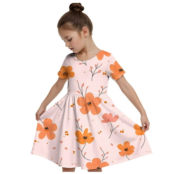 Zanarzt Toddler Girl Summer Dresses Girls Dress Summer Ruffle Sleeve A Line Casual Party Dresses for Kids Back to School Clothes Orange,11-12 Years