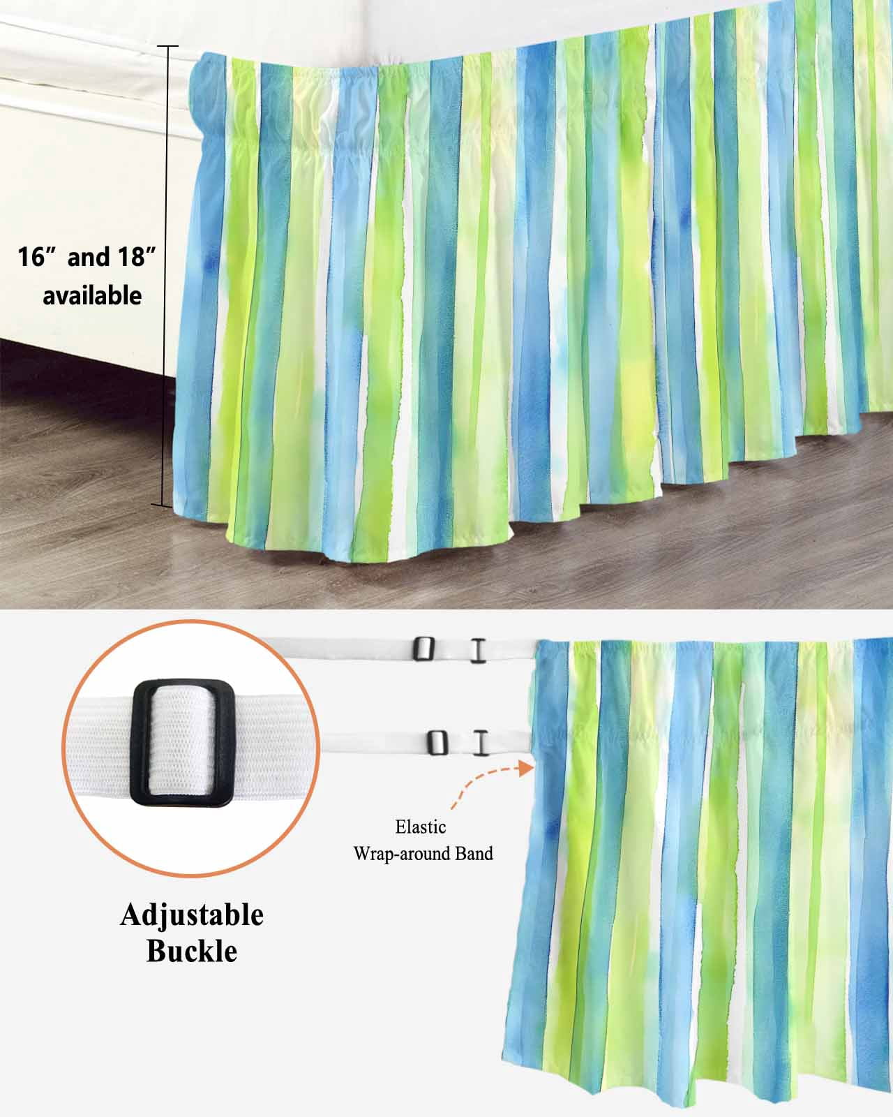 Abstract Art Bed Skirt Queen Size 16" Drop Blue Green Line Stripes Gradient Modern Art Ruffled Wrap Around Bed Skirts Adjustable Elastic Bedskirt Dust Ruffle for Queen Size Bed
