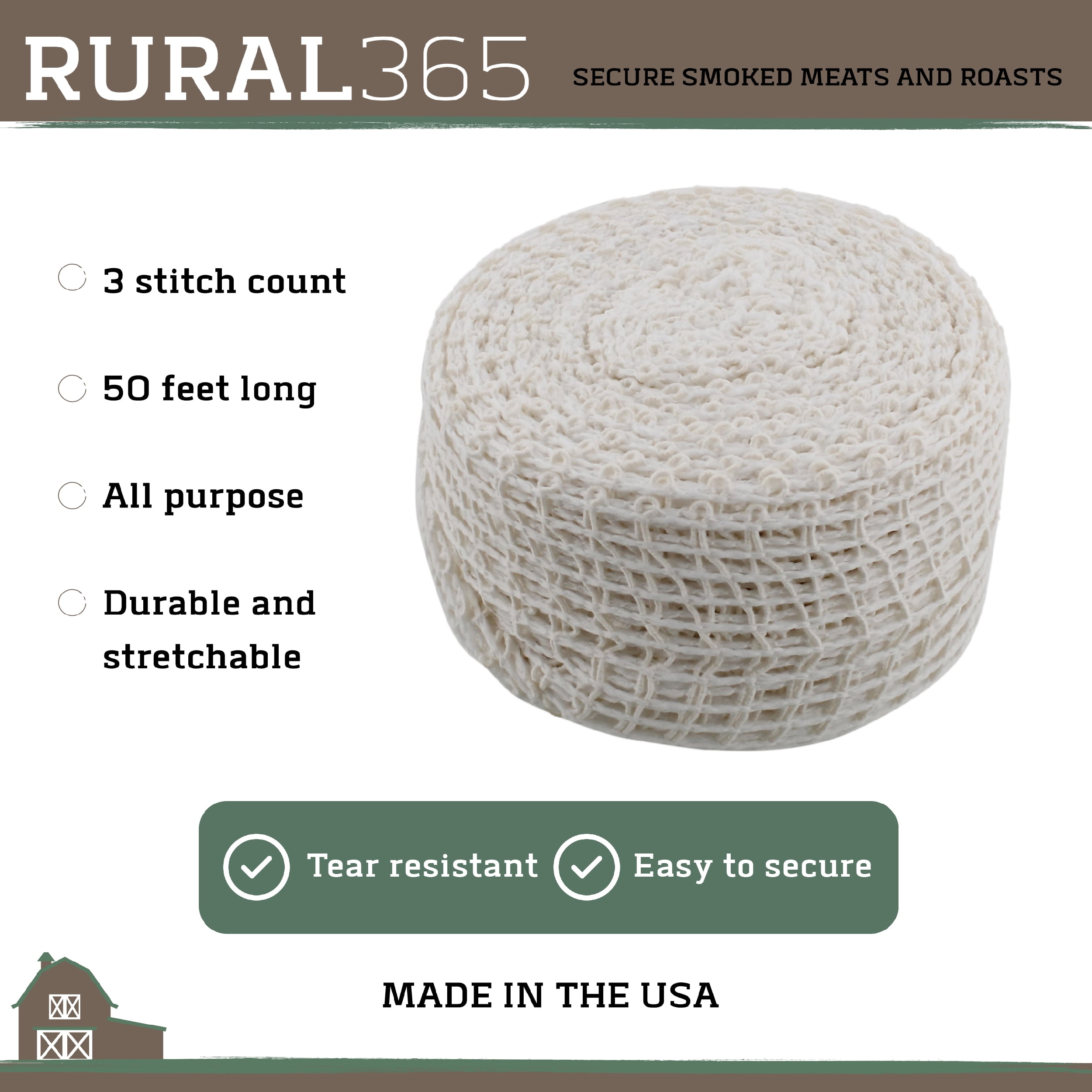 50ft Roll Size 28 Rural365 Meat Netting Roll Ham Sock Elastic Netting Meat Butcher Twine Net Meat Netting Roll Meat