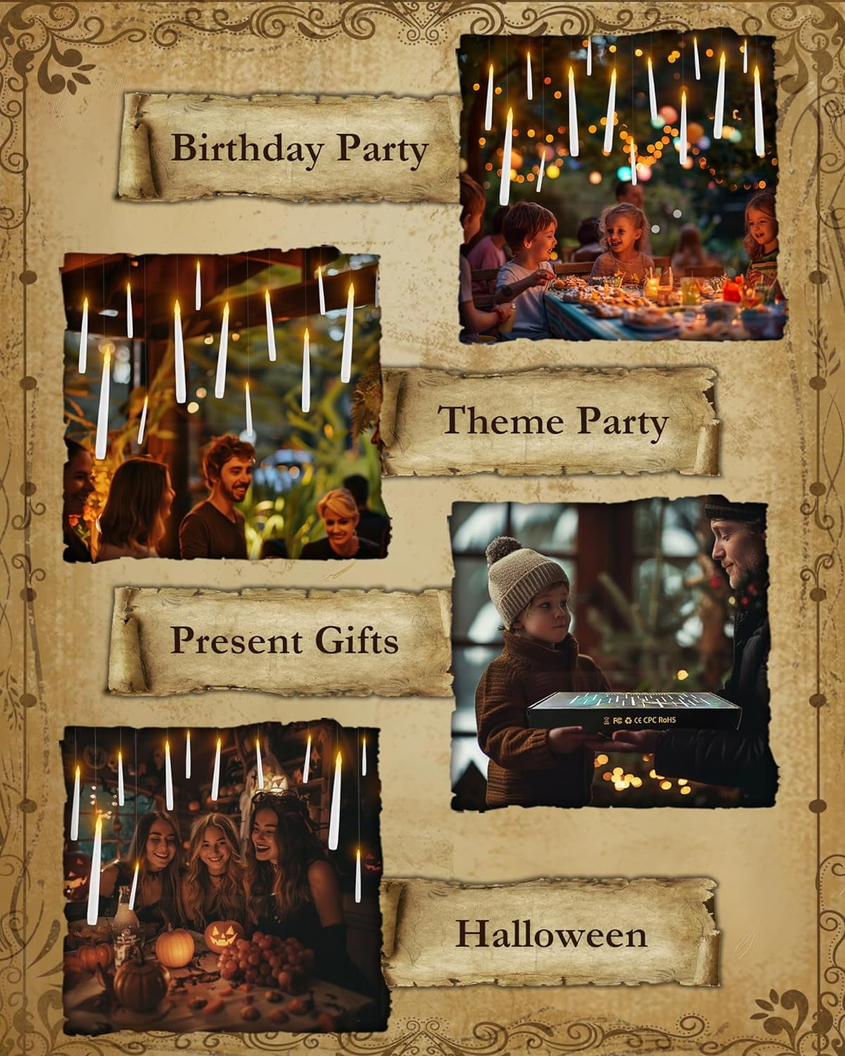 20 PCs Floating Candles with Wand, Halloween Decoration Magic Hanging Candles, Flickering Warm Light Flameless Floating LED Candle with Wand Remote, Battery Operated Taper Candle Set for Theme Party