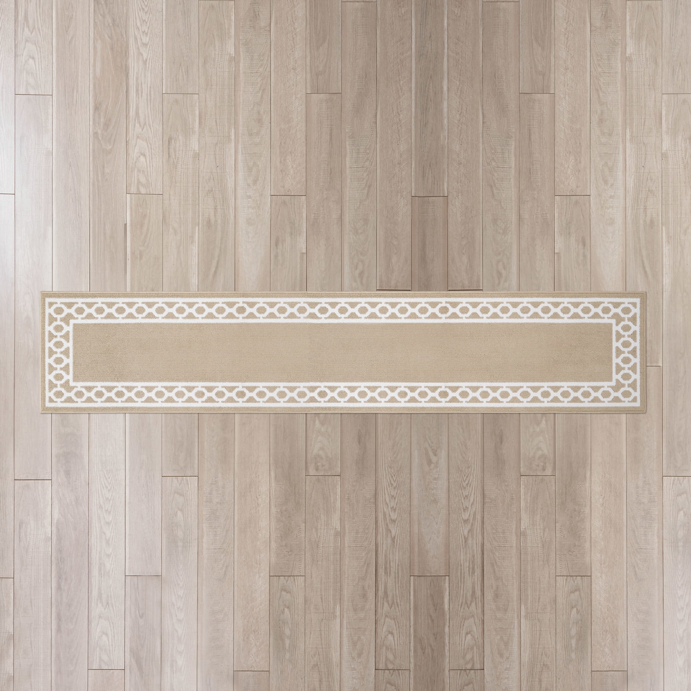 Washable Skid-Resistant Runner Rug, Trellis Border , Beige and White , 30" x 144"