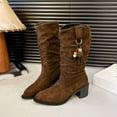 thumbnail image 3 of XUNKUSGA Wide Calf Boots for Women Slouchy Stretchy Suede Round Toe Knee High Boots Fashion Low Heel Boots for Women Casual Wide Width Winter Fall Boots with Ornaments 36-42 Brown, 3 of 8