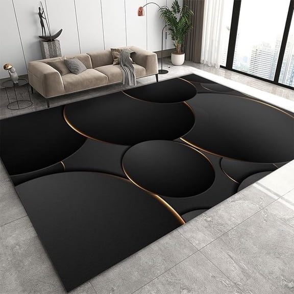 Black Round Gold Edge Art Area Rugs, Abstract Circular Geometry Soft Washable Carpet, Upholstery Rug With Non-Slip Backing For Kids Bedroom Living Room Dining Room Study 4x6ft