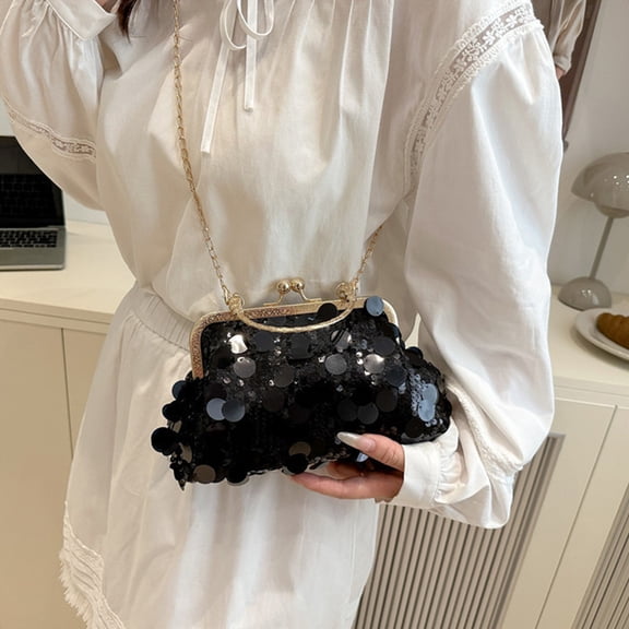 Clip On Sequin Evening Bag for Women Fashionable Clutch Purse with Chain for Wedding Party Prom Dinner Shoulder Crossbody Bag(Black)