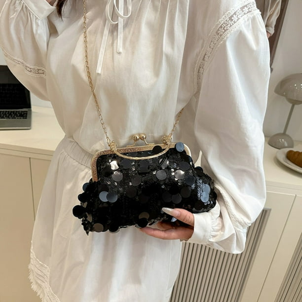 Bolso bandolera de lentejuelas para mujer | Bolso de noche con cierre de clip y correa de cadena | Bolso de gran capacidad para cenas y uso diario | Dorado, plateado y negro