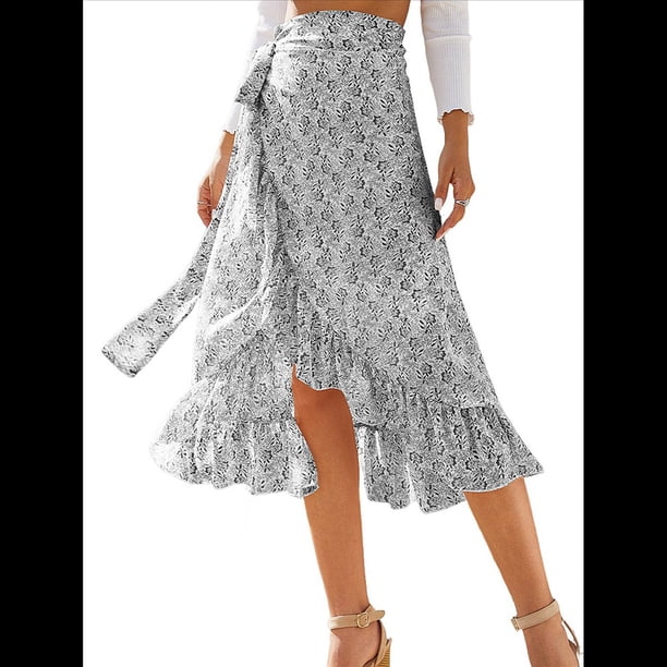 Falda Midi con Abertura y Volantes en el Bajo, con Nudo y Estampado Floral Bohemio para Mujer L
