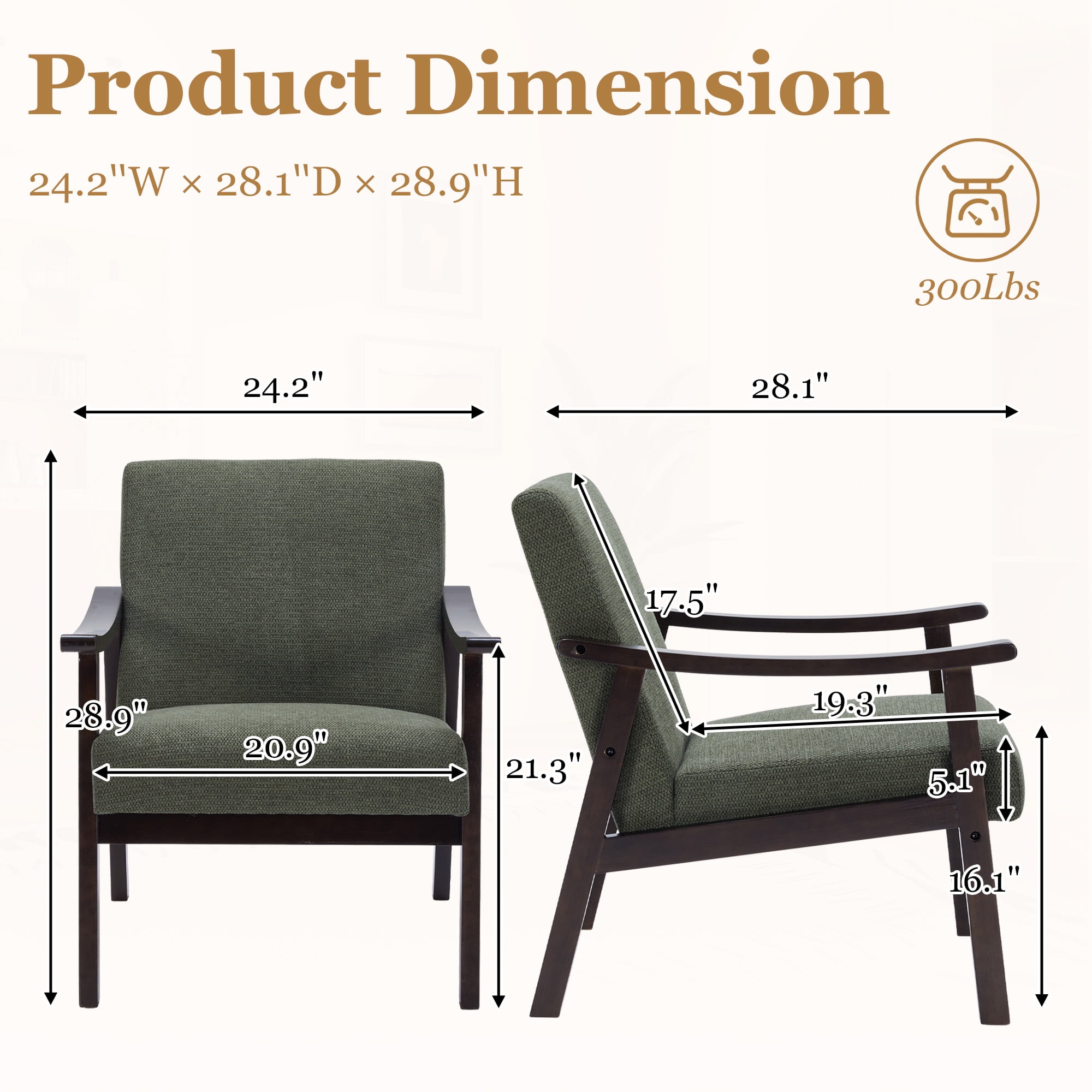 MOONMISS Accent Chair, Upholstered Comfy Single Sofa with Wood Feet, Mid Century Armchair for Bedroom, Living Room, Modern Comfy Reading Chair,Green