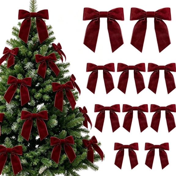 12 Pcs Burgundy Vintage Velvet Christmas Bows -Cozy 4.5 Inch Bows for Christmas Tree Ornaments, Wreath Accents, Gift Wrapping, Wine Bottles, Stair Railings, DIY Crafts & Xmas Home Decor