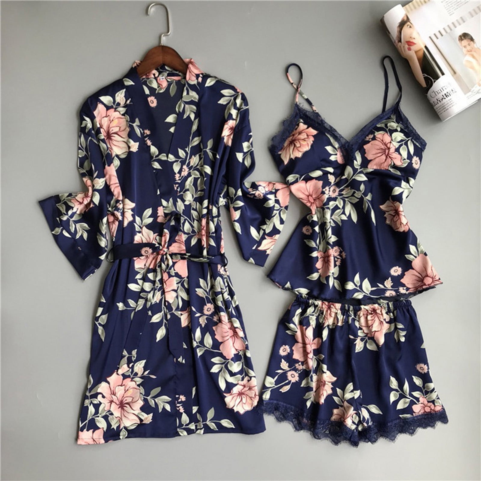BONIXOOM Christmas Pajamas For Women Thanksgiving Pajamas Loungewear Belt Short Sleeve Sleepwear Sets Solid Blue L