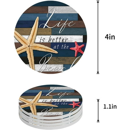 

FMSHPON Life is Better at The Beach Summer Wood Grain Set of 6 Round Coaster for Drinks Absorbent Ceramic Stone Coasters Cup Mat with Cork Base for Home Kitchen Room Coffee Table Bar Decor