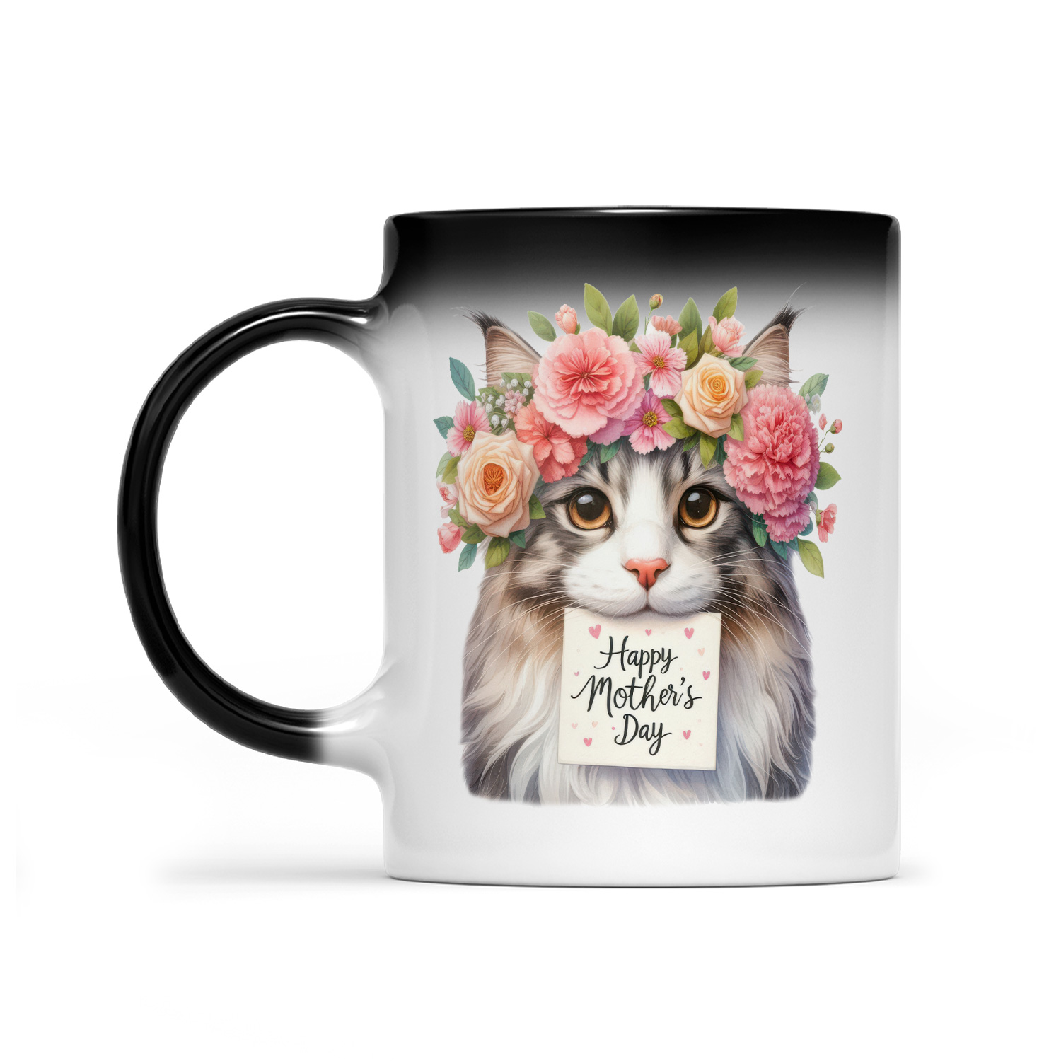 Happy Mother's Day Maine Coon with Flower Crown and Greeting Card Heat Color Changing Mug Cat Lover Kitten Owner Gifts Magic Coffee Mug - 13004