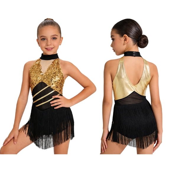 renvena Girls Halter Sleeveless Tassel Skirted Leotard Dress Samba Rumba Jazz Cha Cha Latin Dancewear Gold 14