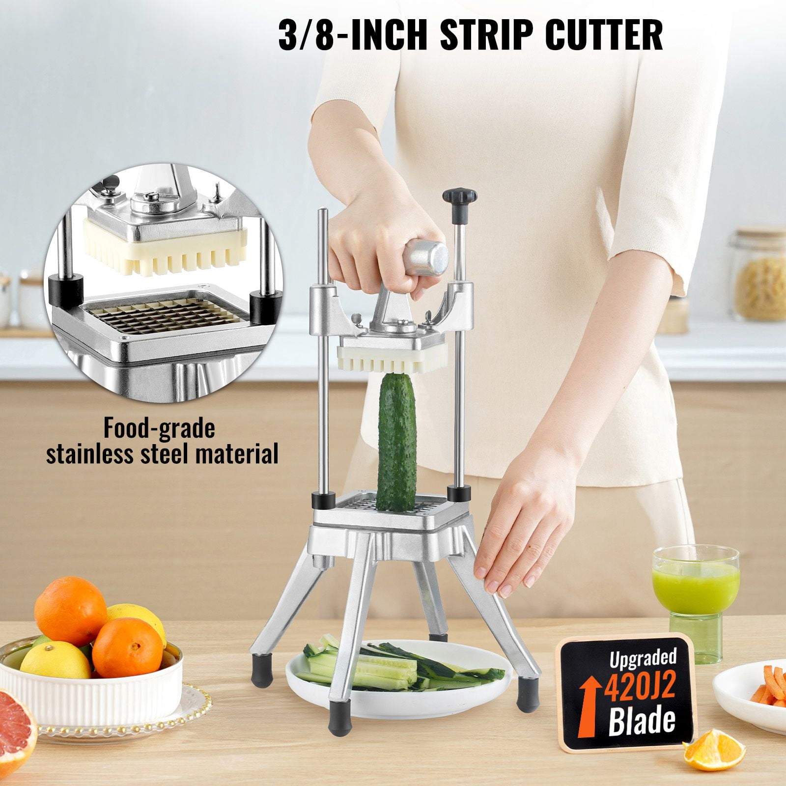Commercial Vegetable Chopper with 3/8" Blade, Heavy-Duty Stainless Steel & Aluminum, Ergonomic Handle, 4 Non-Slip Feet for Restaurant Home
