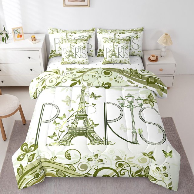 Erosebridal Girls Butterfly Flower Bed In A Bag Full Size,Paris Eiffel Tower Bed Set,Floral Room Decorative,Breathable,7-Piece