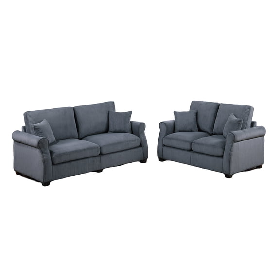 JERFIT Modern Dark Gray Corduroy Sofa and Loveseat Set with Pillows for Cozy Living Room