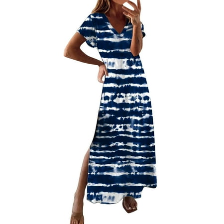 

Sayhi Womens Fashion Dress Print V Neck Short Sleeve Long Slim Dress Formal Maxi Dresses for Women Maternity