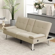 Bonzy Home Futon Versatile Sofa Bed with Cup Holders USB Port Foldable 2-Seater Guest Bed for Living Room, Ivory