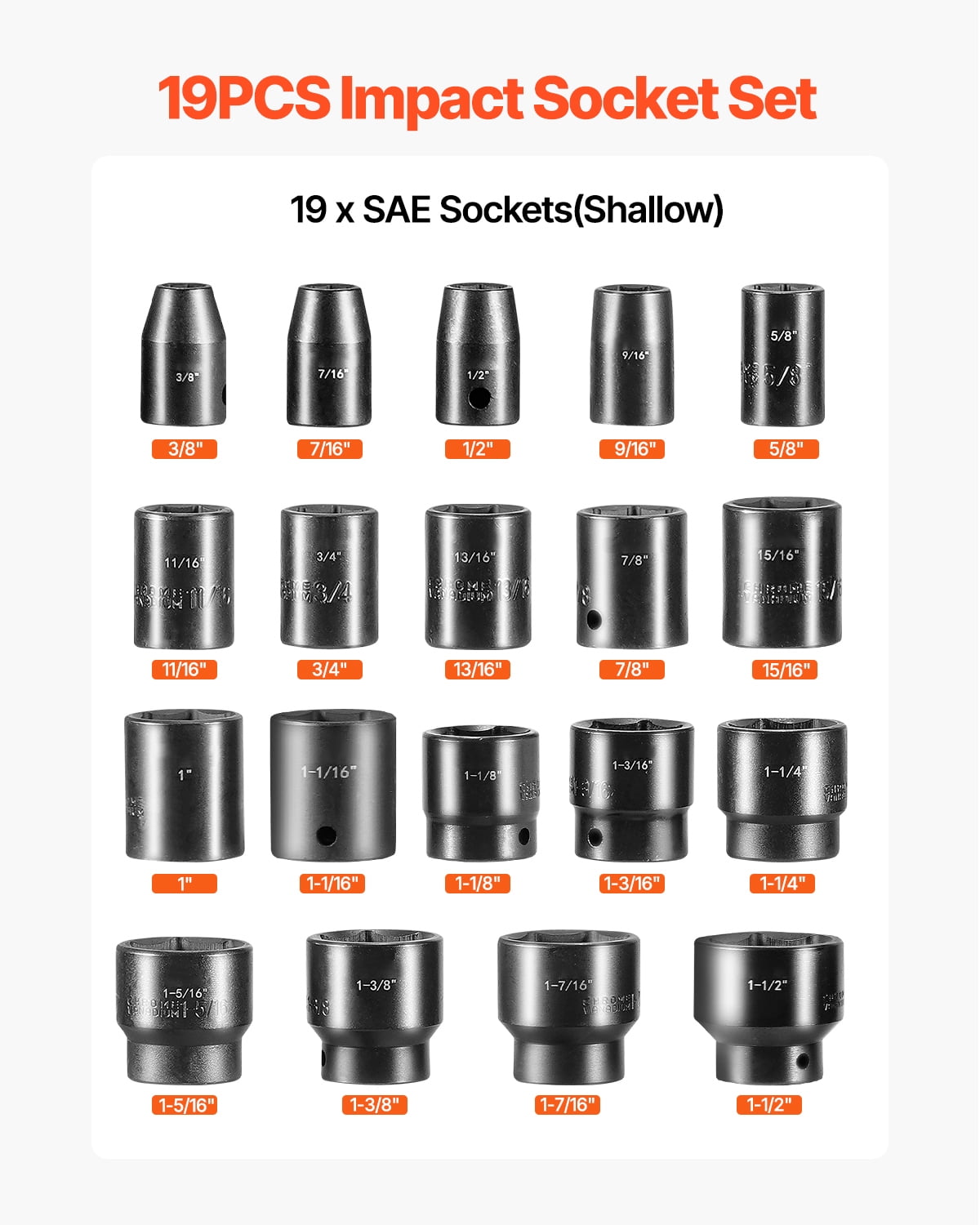 KFFKFF 19-Piece 1/2-Inch Drive Impact Socket Set, SAE Sizes from 3/8 to 1-1/2 Inches, 6-Point Hex Design for Standard Applications