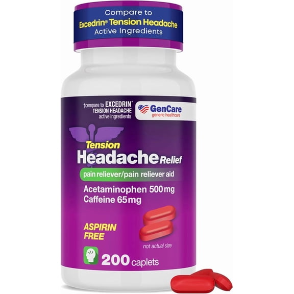 GenCare Tension Headache Relief Acetaminophen 500mg & Caffeine 65mg, 200 Caplets
