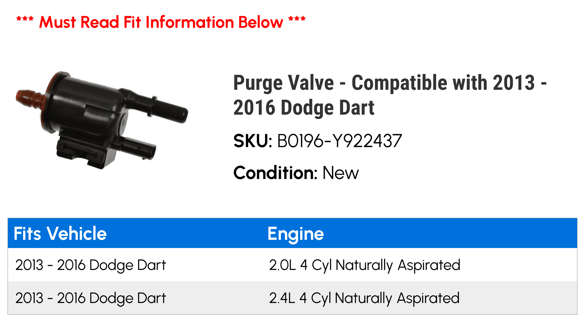 Purge Valve - Compatible with 2013 - 2016 Dodge Dart 2014 2015