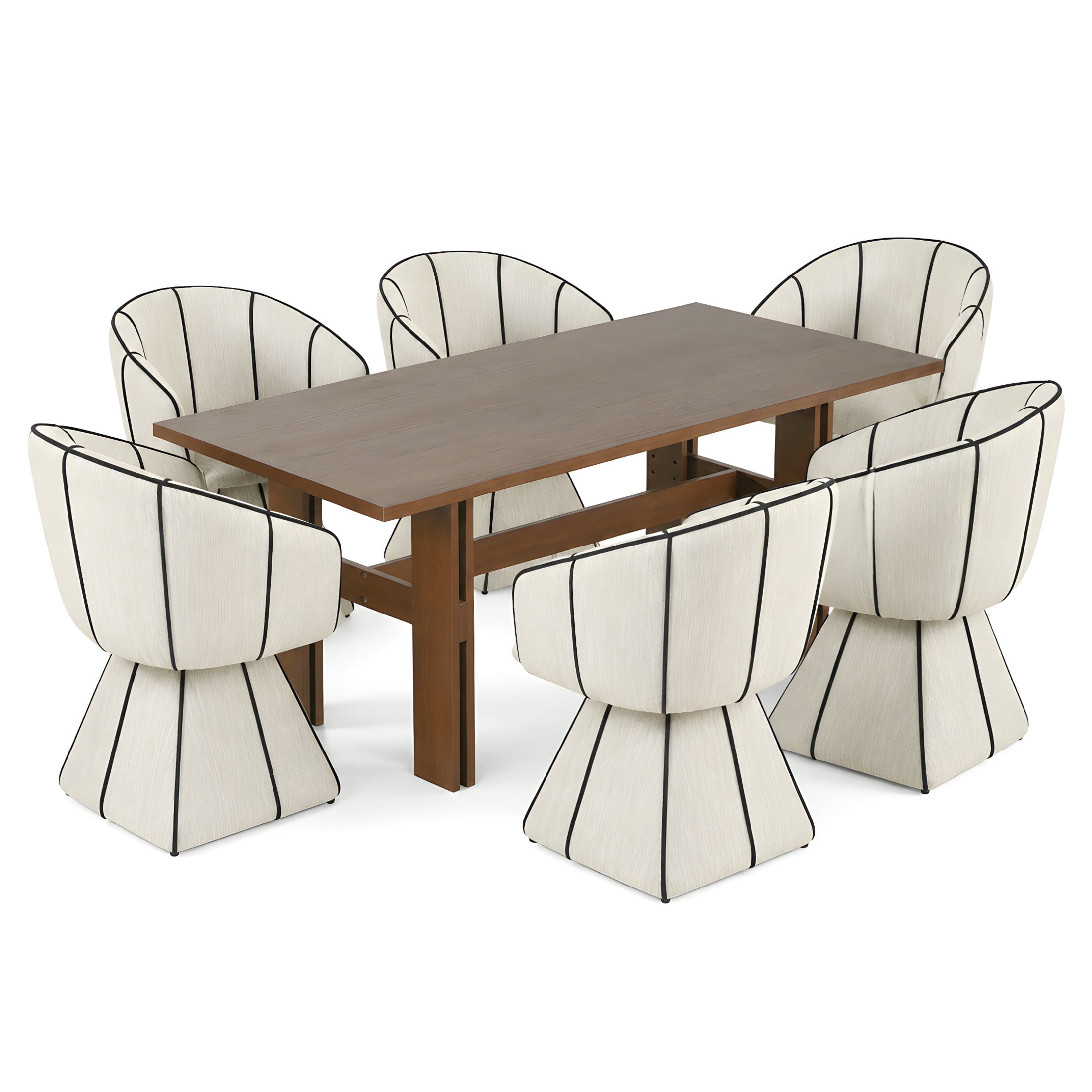 Christopher Knight Home 7-Piece Dining Set, Walnut Table and Swivel Upholstered Chairs, Beige+Black